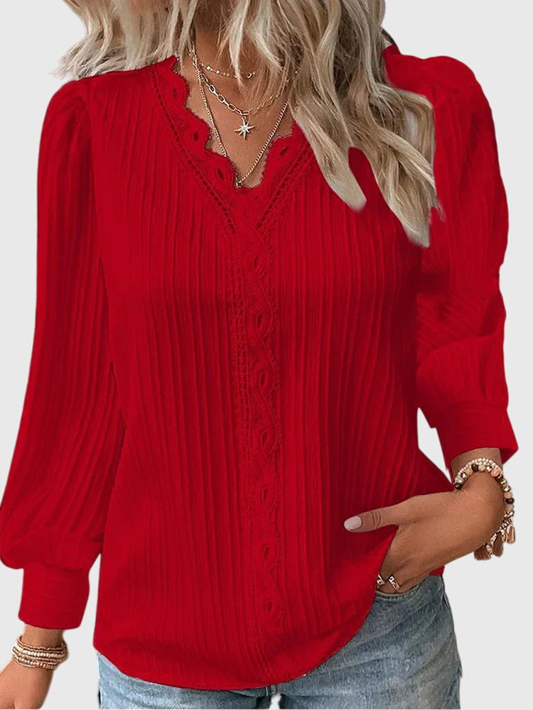 Chloe | Elegant Lace Trim V-Neck Blouse