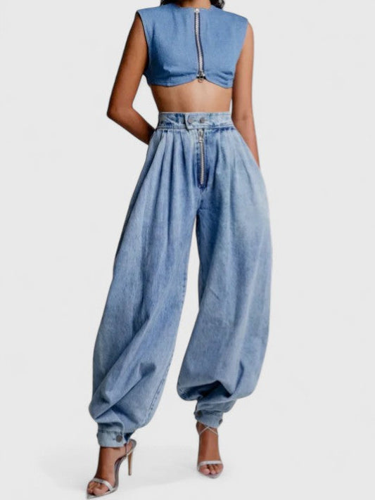 Harper | Comfortable High Rise Balloon Leg Cuffed Denim Pants