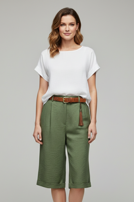 Iris | High Waisted Wide Leg Cuffed Bermuda Shorts