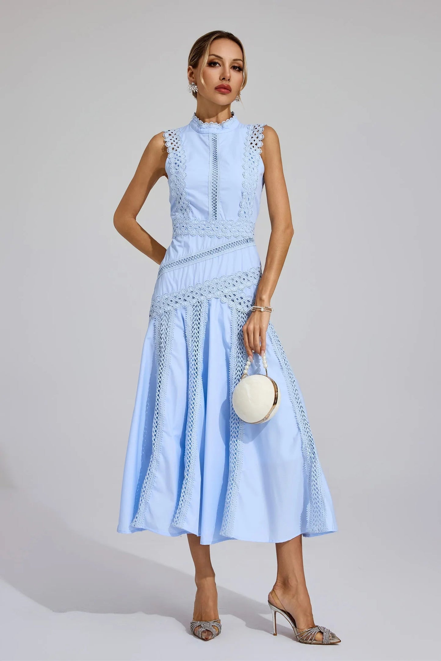 Alexis | Sleeveless Lace Panel Midi Dress for Wedding Guest