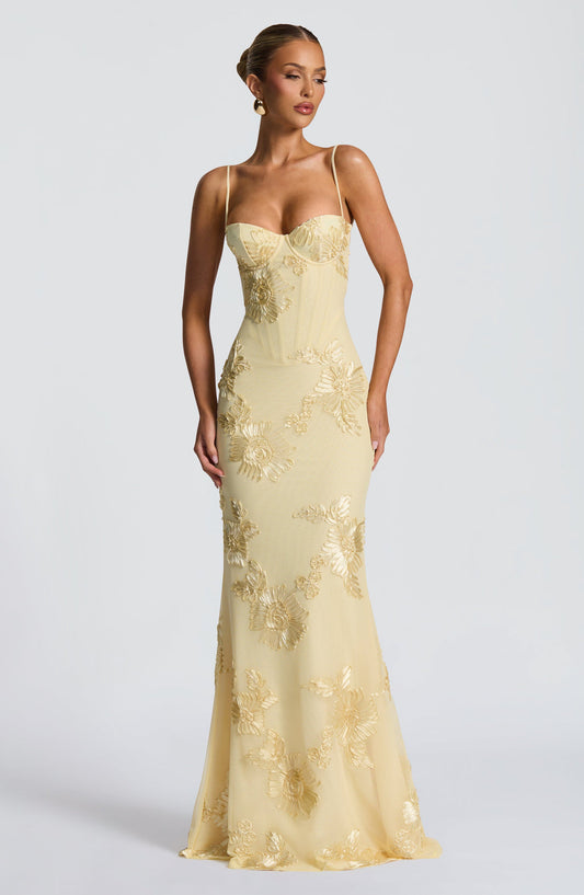 Kendall | Floral Embroidered Corset Maxi Dress for Wedding Guest