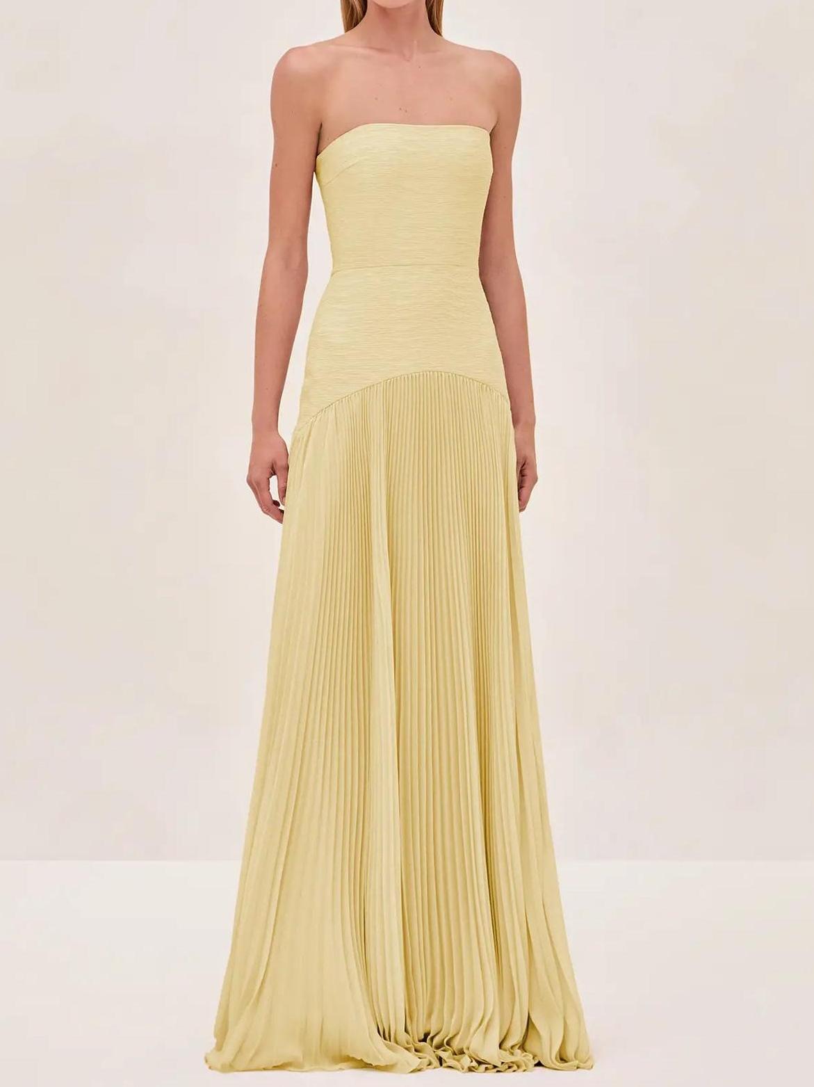 Aurora | Strapless Pleated Maxi Dress for Wedding Guest