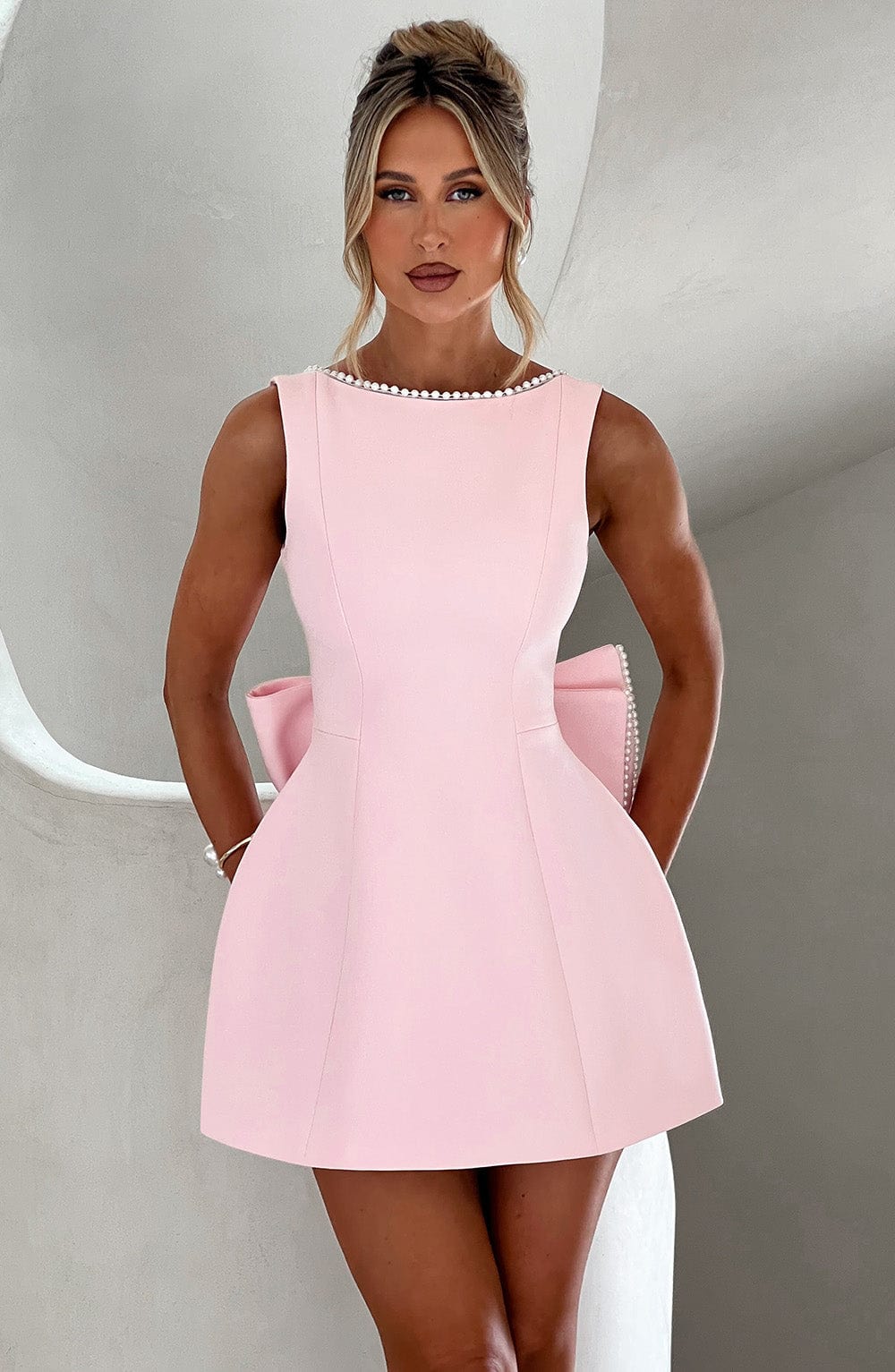 Chloe | Structured Mini Wedding Guest Dress with Bow Back