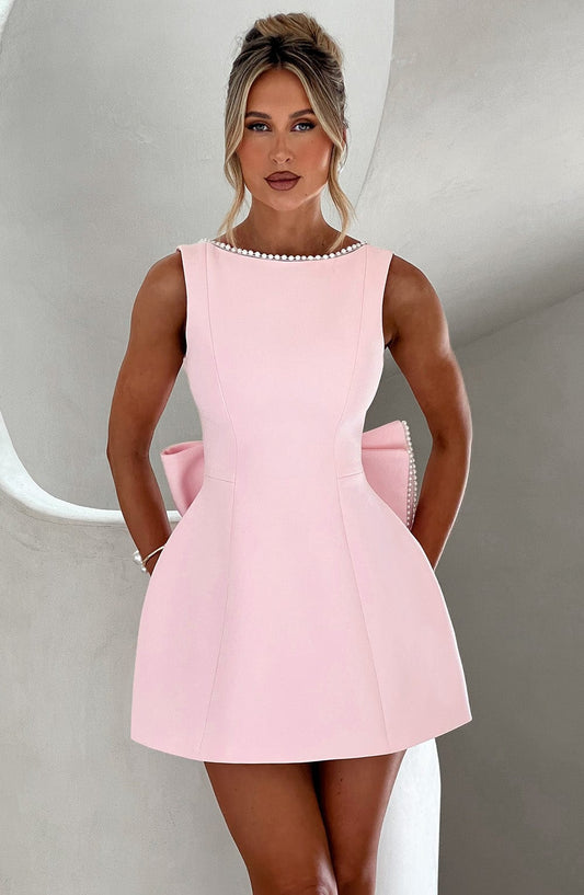 Chloe | Structured Mini Wedding Guest Dress with Bow Back