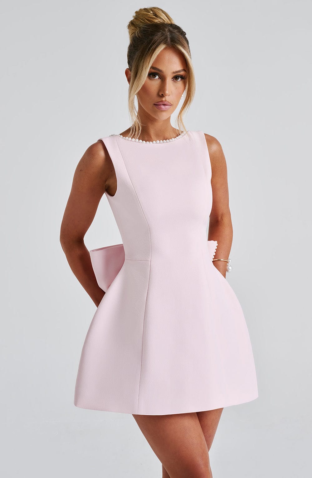 Chloe | Structured Mini Wedding Guest Dress with Bow Back