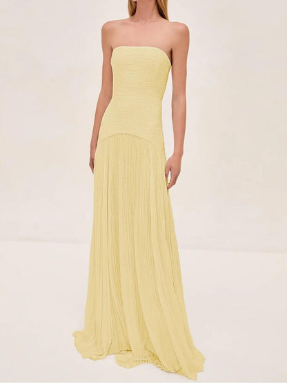 Aurora | Strapless Pleated Maxi Dress for Wedding Guest