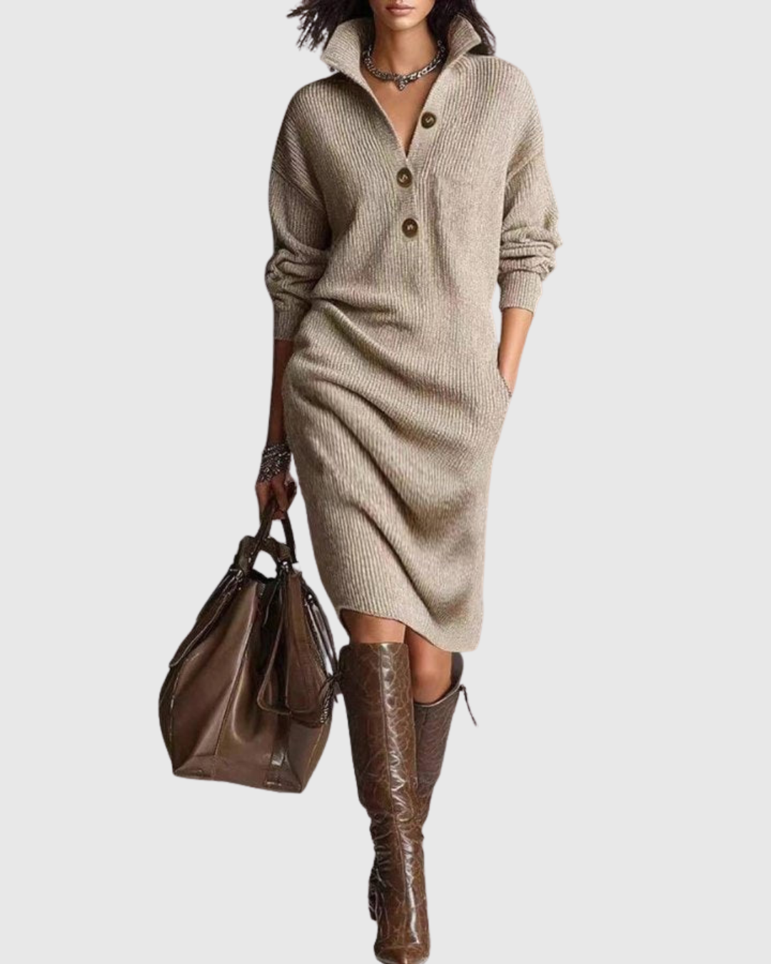 Stella | Ribbed Knit Midi Dress With Pockets