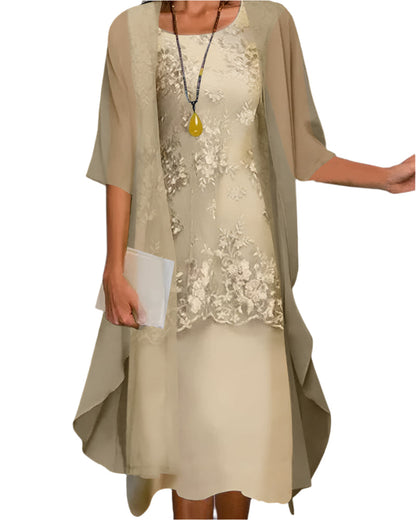 Elena | Elegant Sheer Sleeve Wedding Guest Midi Dress