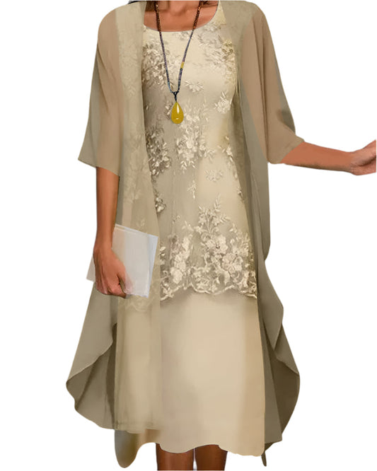Elena | Elegant Sheer Sleeve Wedding Guest Midi Dress