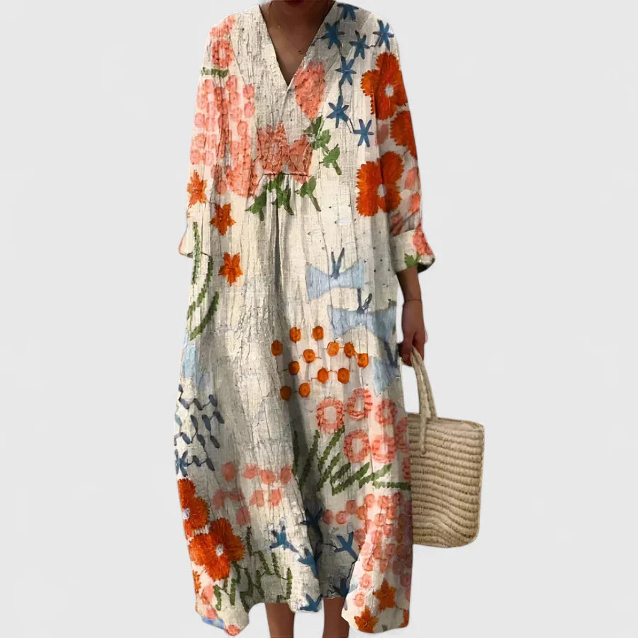 Iris | Floral V-Neck Boho Midi Dress