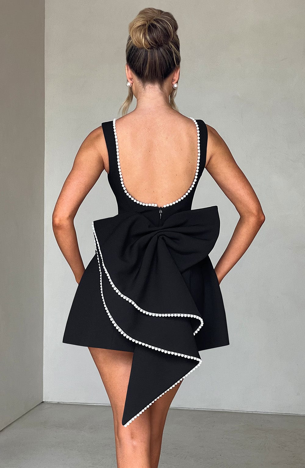Chloe | Structured Mini Wedding Guest Dress with Bow Back