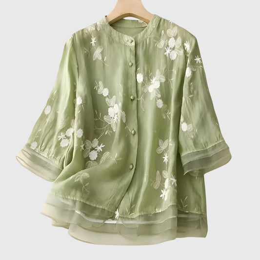 Leah | Embroidered Flower Sheer Blouse Top