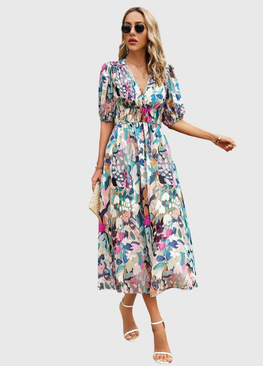 Amber | Floral V-Neck Midi Dress
