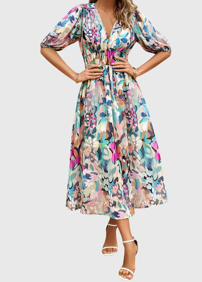 Amber | Floral V-Neck Midi Dress
