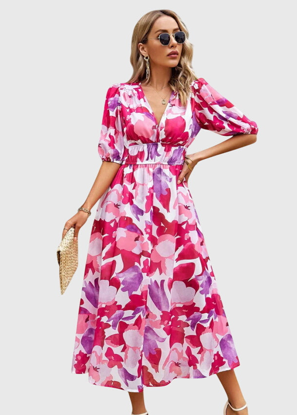 Amber | Floral V-Neck Midi Dress