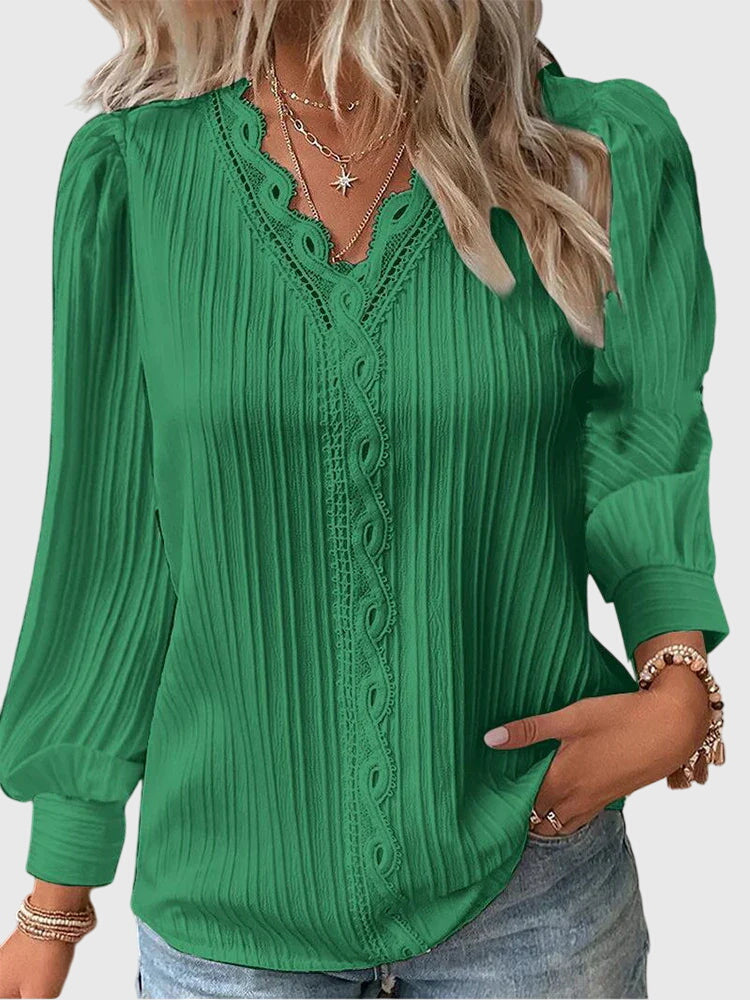 Chloe | Elegant Lace Trim V-Neck Blouse