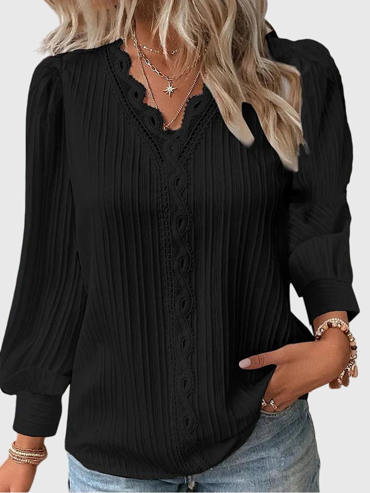 Chloe | Elegant Lace Trim V-Neck Blouse