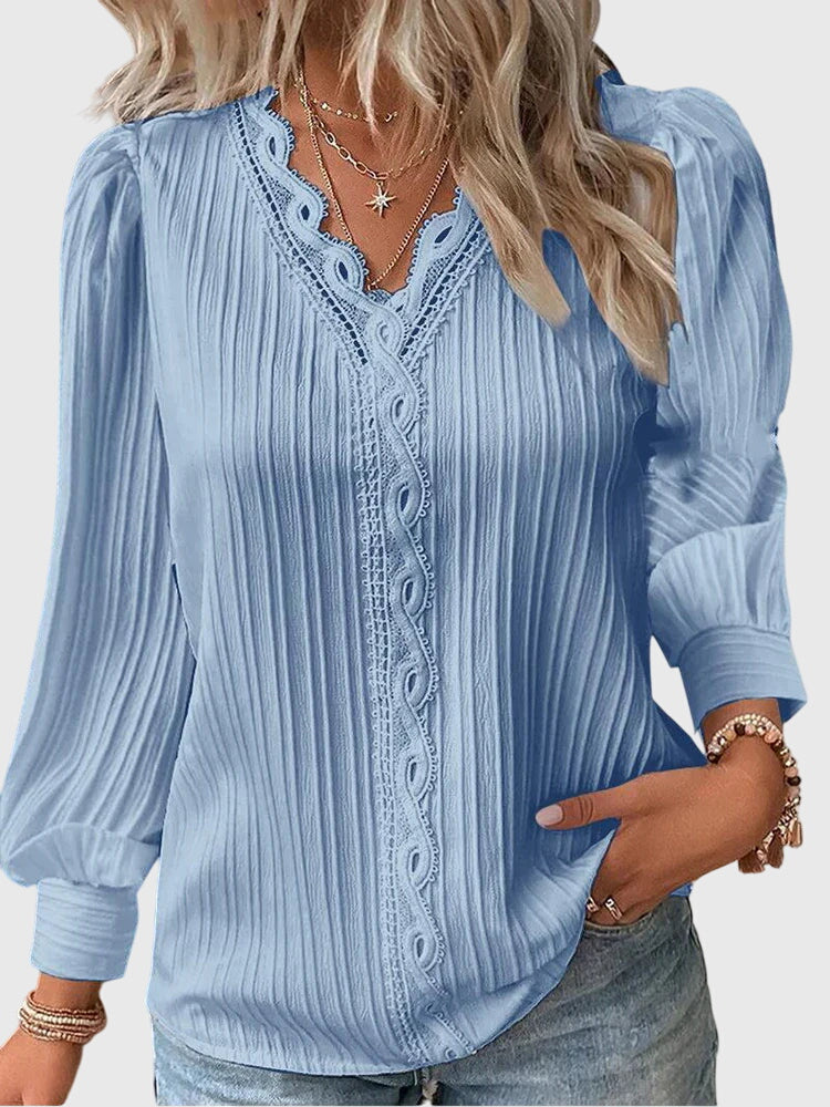 Chloe | Elegant Lace Trim V-Neck Blouse