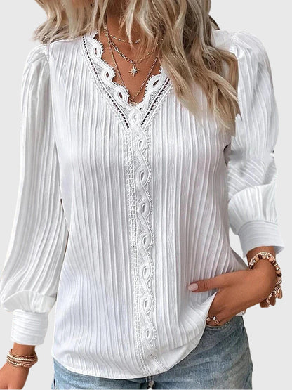 Chloe | Elegant Lace Trim V-Neck Blouse