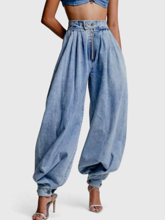 Harper | Comfortable High Rise Balloon Leg Cuffed Denim Pants