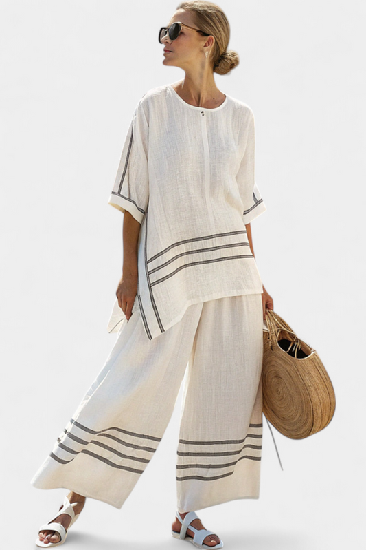 Ivy | Boho Stripe Asymmetric Top and Wide Leg Pants