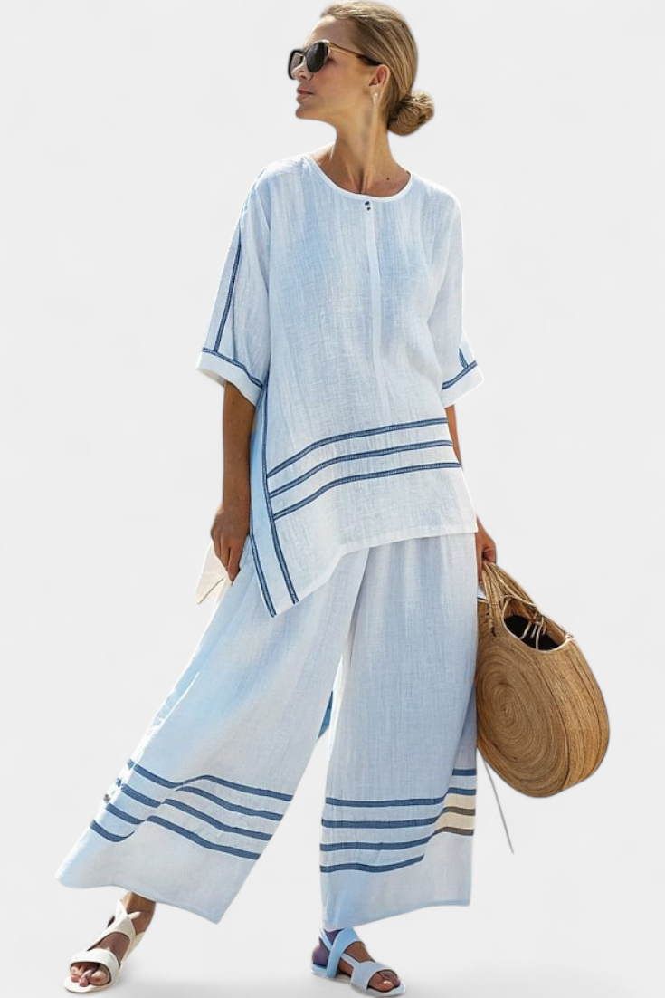 Ivy | Boho Stripe Asymmetric Top and Wide Leg Pants