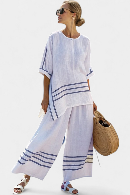 Ivy | Boho Stripe Asymmetric Top and Wide Leg Pants