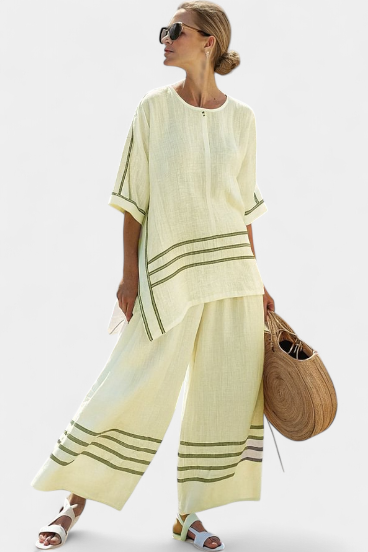 Ivy | Boho Stripe Asymmetric Top and Wide Leg Pants