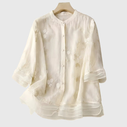 Leah | Embroidered Flower Sheer Blouse Top