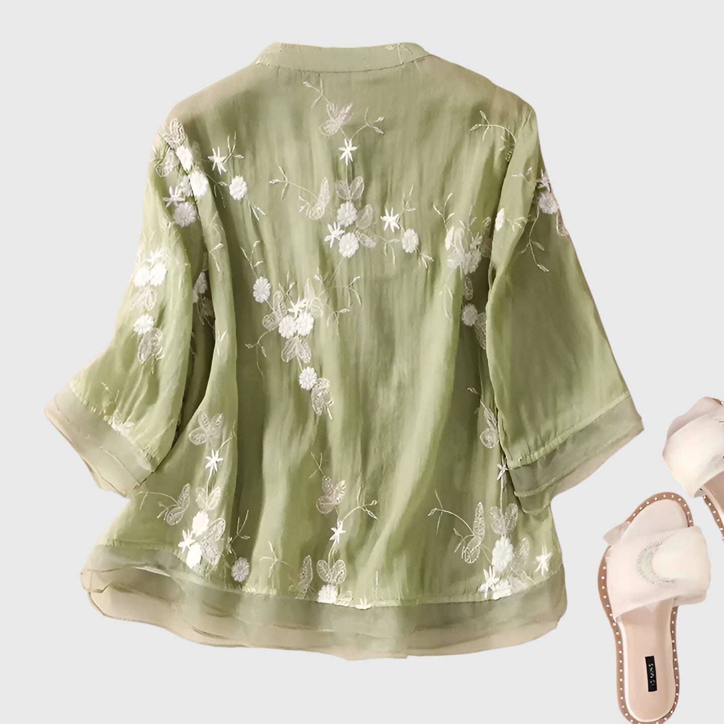 Leah | Embroidered Flower Sheer Blouse Top