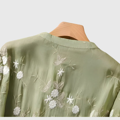 Leah | Embroidered Flower Sheer Blouse Top