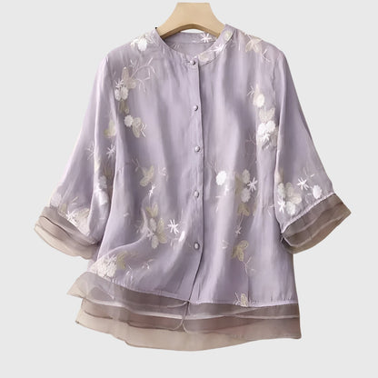 Leah | Embroidered Flower Sheer Blouse Top
