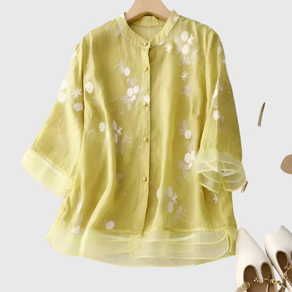 Leah | Embroidered Flower Sheer Blouse Top