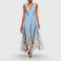 Madeline | V-Neck Floral Hem Pleated Maxi Dress