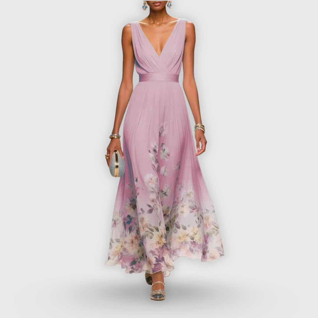 Madeline | V-Neck Floral Hem Pleated Maxi Dress