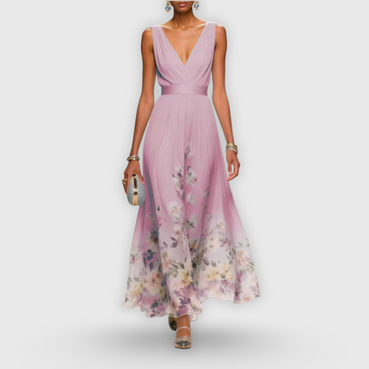 Madeline | V-Neck Floral Hem Pleated Maxi Dress