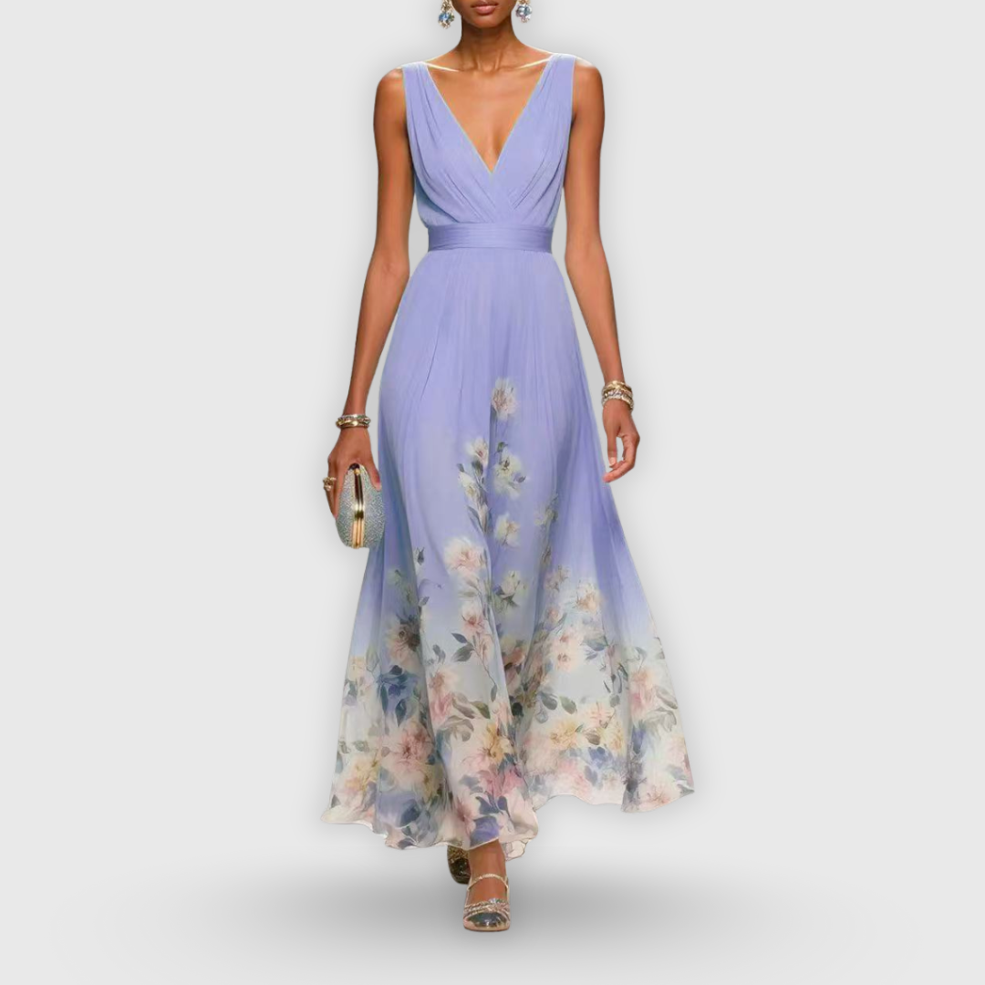 Madeline | V-Neck Floral Hem Pleated Maxi Dress