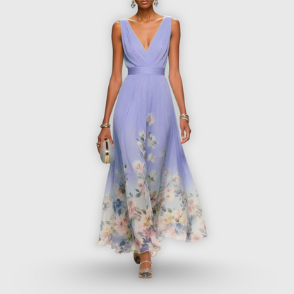 Madeline | V-Neck Floral Hem Pleated Maxi Dress