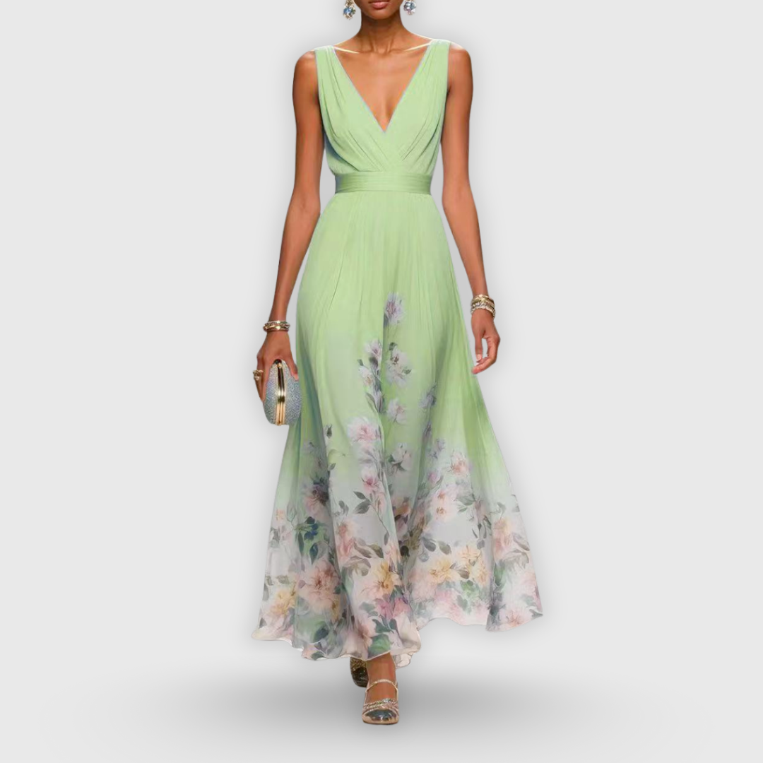 Madeline | V-Neck Floral Hem Pleated Maxi Dress