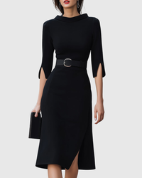 Nora | Tailored Waist Belt Minimalist Midi Dress