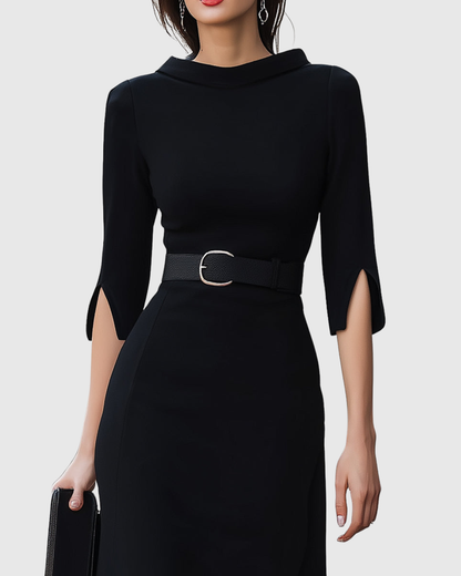 Nora | Tailored Waist Belt Minimalist Midi Dress