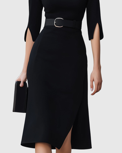 Nora | Tailored Waist Belt Minimalist Midi Dress