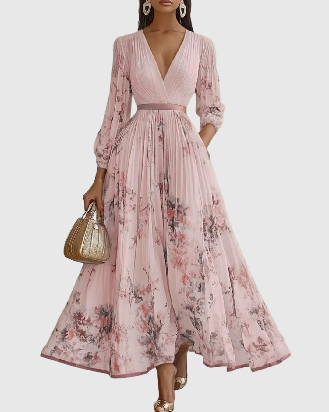 Rachel | Pleated Long Sleeve Maxi Dress