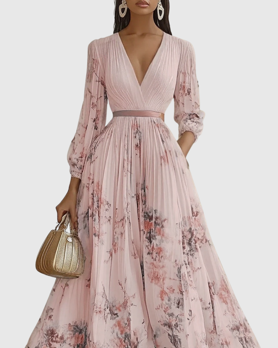 Rachel | Pleated Long Sleeve Maxi Dress