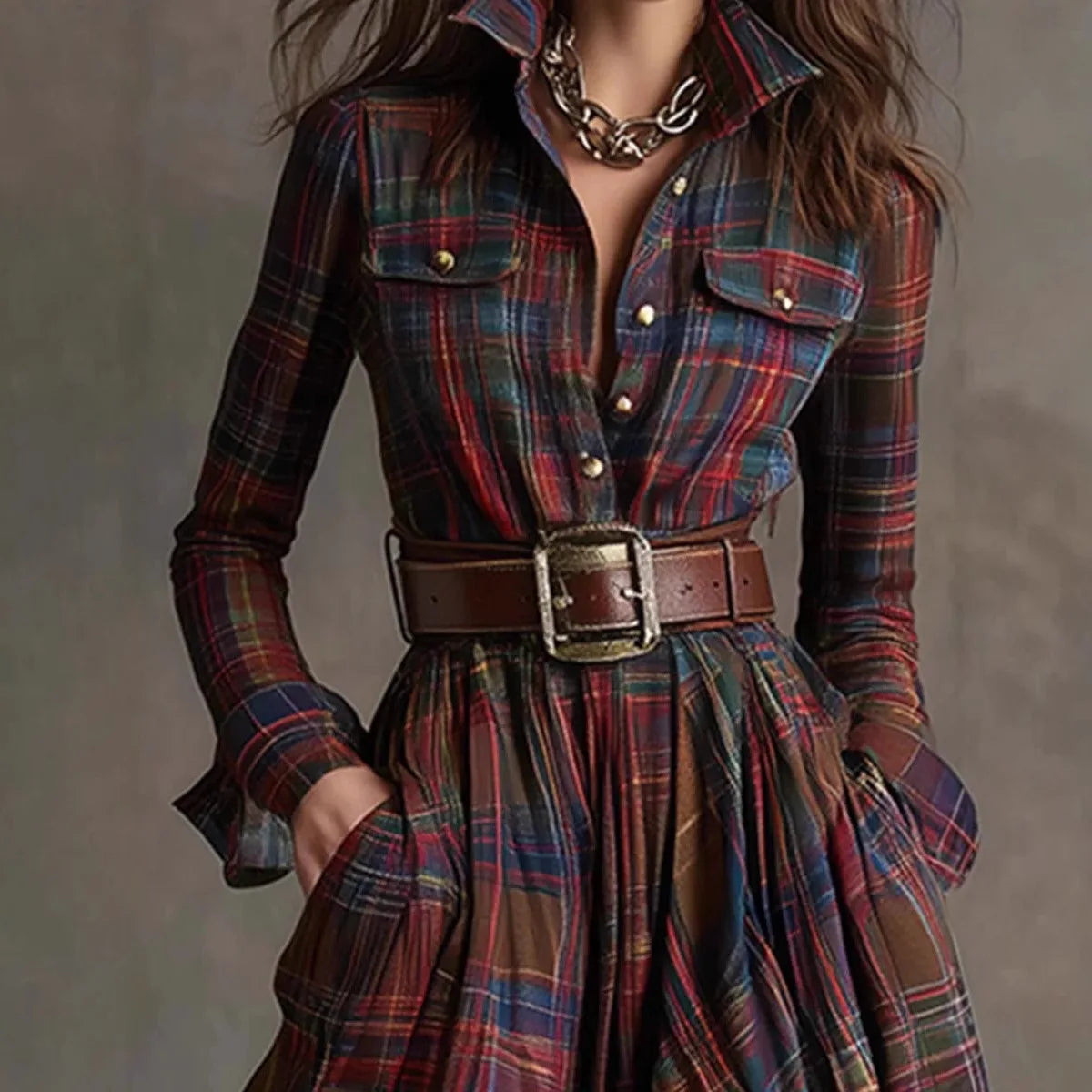 Autumn | Elegant Plaid Collar Maxi Dress