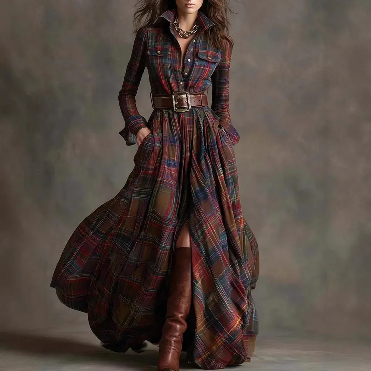 Autumn | Elegant Plaid Collar Maxi Dress
