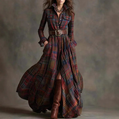 Autumn | Elegant Plaid Collar Maxi Dress