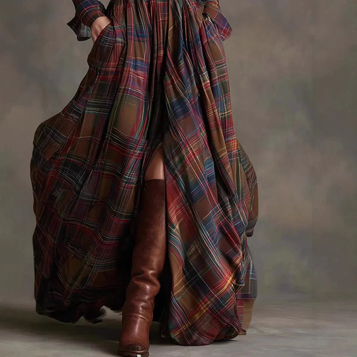 Autumn | Elegant Plaid Collar Maxi Dress