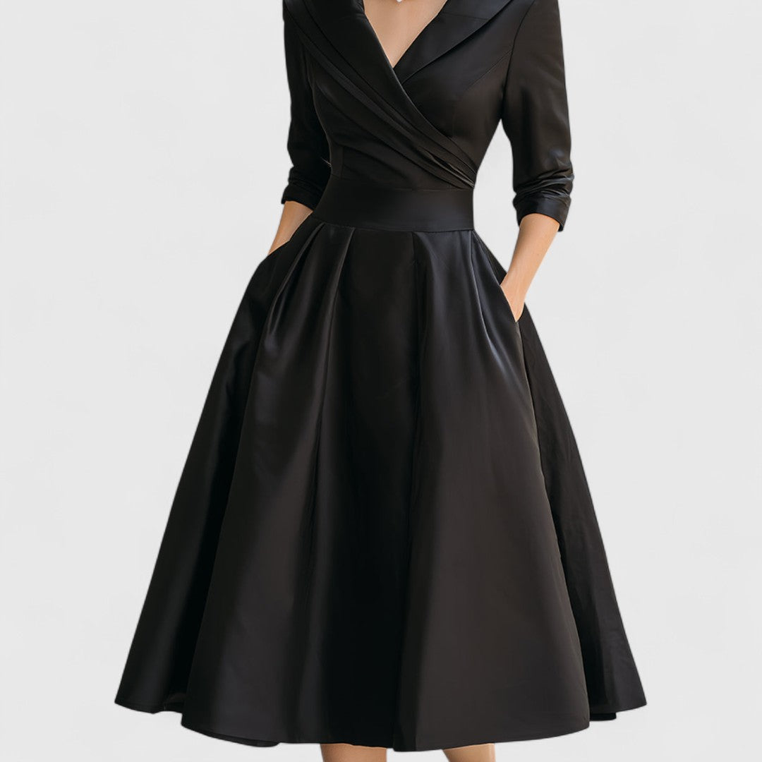 Stella | V-Neck Wrapped Bodice Flared Midi Dress