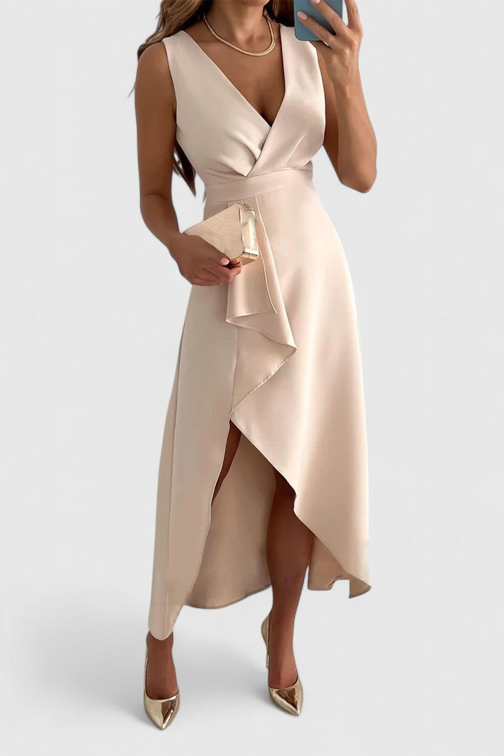 Victoria | Elegant Sleeveless Ruffle Wrap Midi Dress